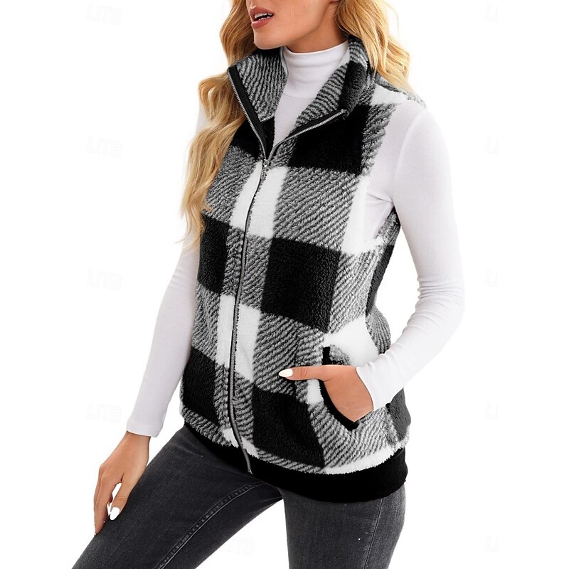 Women's Fleece Jacket Fleece Vest Teddy Coat Warm Breathable Zipper Pocket Fleece Lined Casual Plaid Vacation Street Daily Wear Going out Zipper Regular Stand Collar Regular Fit Sleeveless Outerwear3