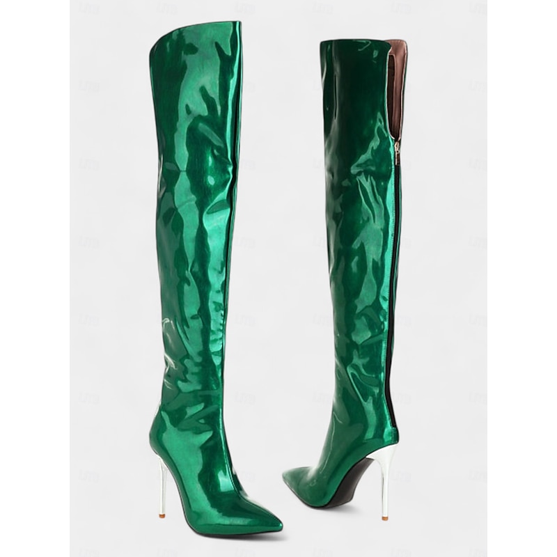Women's Metallic Green Thigh-High Stiletto Boots with Pointed Toe, Sexy High Heel Over-the-Knee Boots for Parties and Fashion Events2