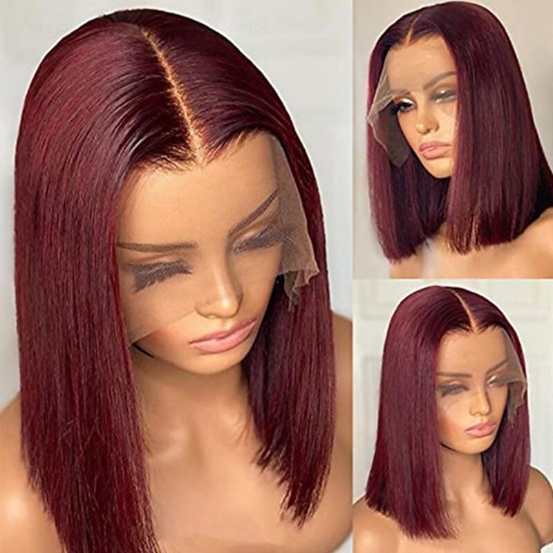 99J Short Bob Wig 13X4 Transparent Lace Front  Straight Hair Human Hair Wigs 150% Density For Black Women4