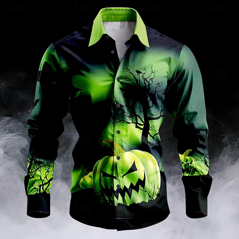 Halloween Men's Pumpkin Halloween Costumes Button Up Shirt Long Sleeve Casual Dark Party Evening Wear Causal Fall Winter Spring & Summer Shirt Collar Button Up 3D Print Green