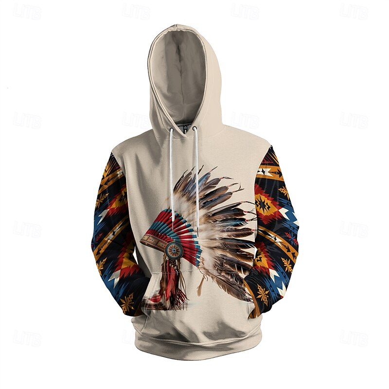 Men's Graphic Florals Indian Hoodie Hoodies Sweatshirt Vacation Daily Long Sleeve Hooded Vacation Sports Outdoor Going out Light Brown Printing Winter Spring &  Fall Designer3