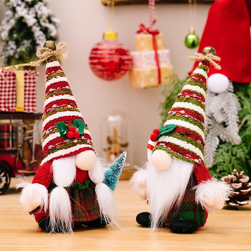 Christmas Gnome Figurines - Knitted Striped Hat with Bell, Holding Peppermint Candy Cane, Nordic Rudolph and Christmas Tree Decorations, Festive Holiday Ornaments3