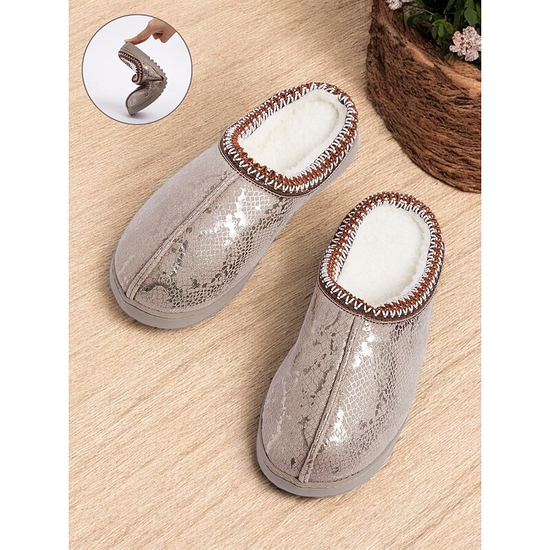 Women's Cozy Faux Fur-Lined Slippers with Snakeskin Pattern and Flexible Sole, Perfect for Indoor Winter Comfort