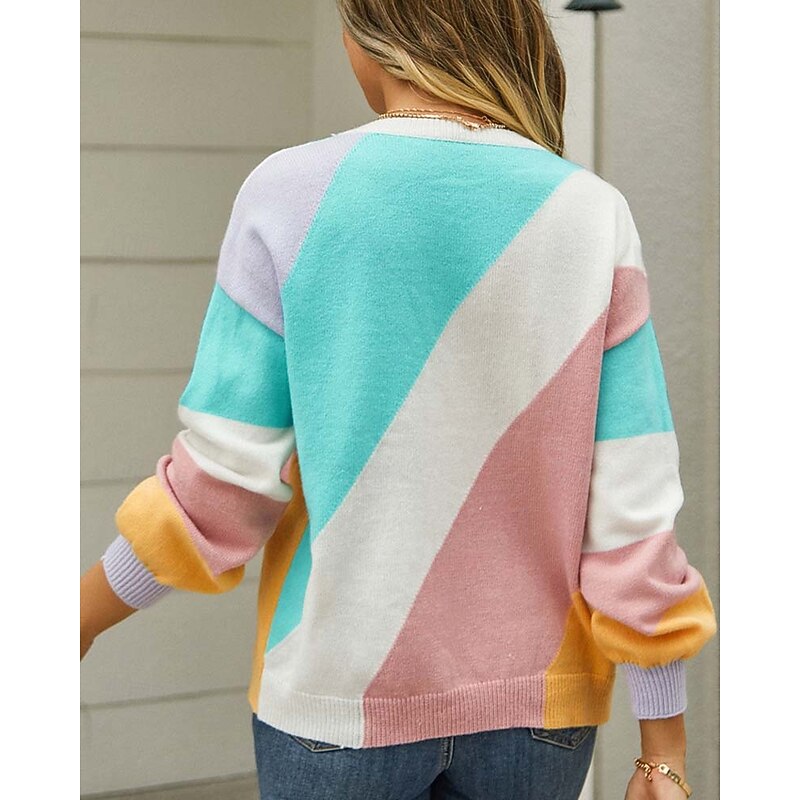 Women's Sweater Casual Geometric Print Crew Neck Knitted Long Sleeve Long Tops Knit Home Rainbow Fall Winter4
