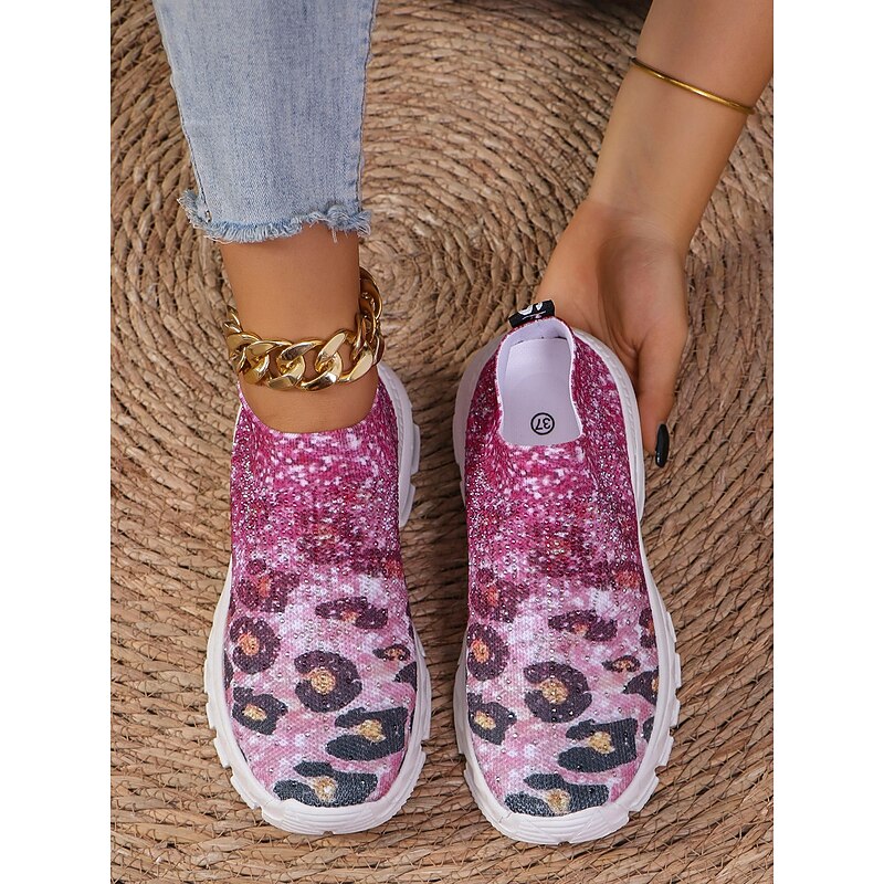 Women's Pink Leopard Print Knit Sneakers - Slip-On Design, Lightweight Casual Walking Shoes for Daily Wear4