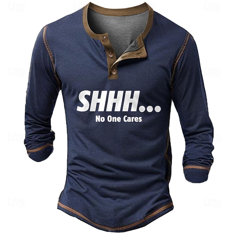 Men's Christmas Solid Color Letter SHHH... No One Cares Henley Shirt Long Sleeve 3D Printing Daily Simple Funny Christmas Party Street Winter Spring &  Fall Black Navy Blue Henley Henley T-Shirt