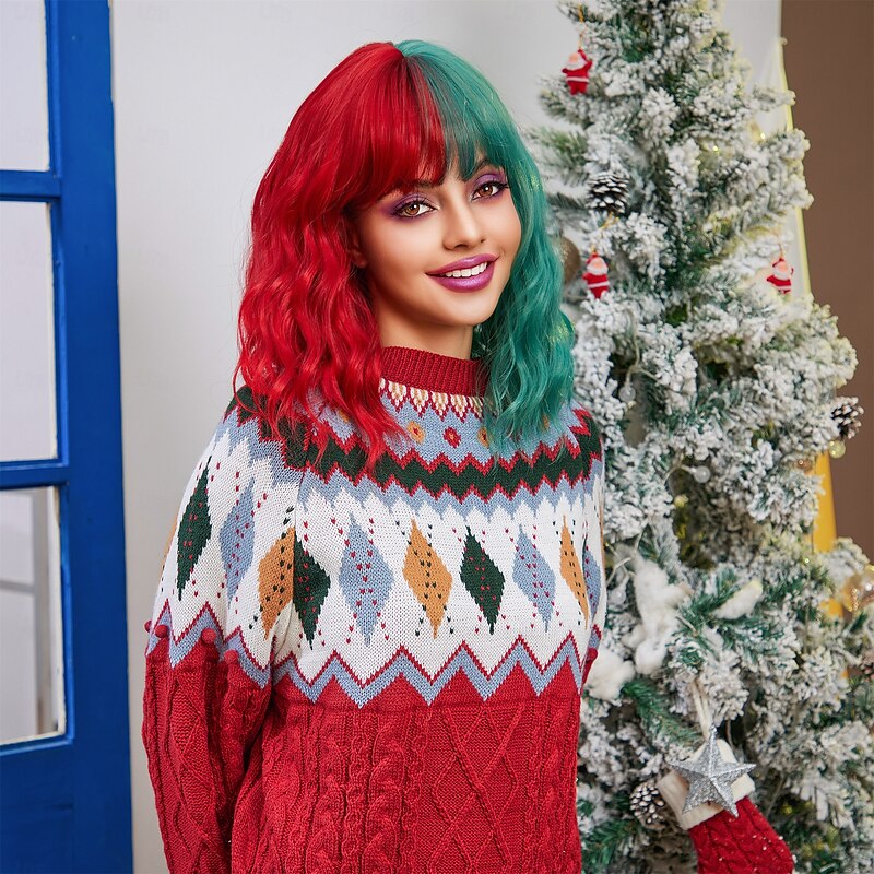 Synthetic Wig Uniforms Career Costumes Princess Curly Wavy Middle Part Layered Haircut Machine Made Wig 14 inch Rose / Green Synthetic Hair Women's Cosplay Party Fashion Mixed Color2