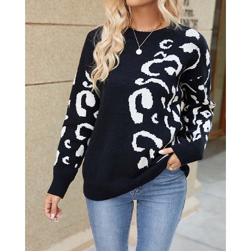 Women's Sweater Casual Graphic Leopard Crew Neck Knitted Long Sleeve Regular Tops Knit Weekend Black Gray Fall Winter4