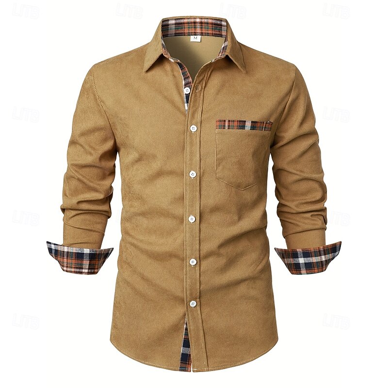 Men's Shirt Corduroy Shirt Overshirt Plaid Outdoor Street Black Navy Blue Brown Green Long Sleeve Collar Winter Spring &  Fall Clothing Apparel2