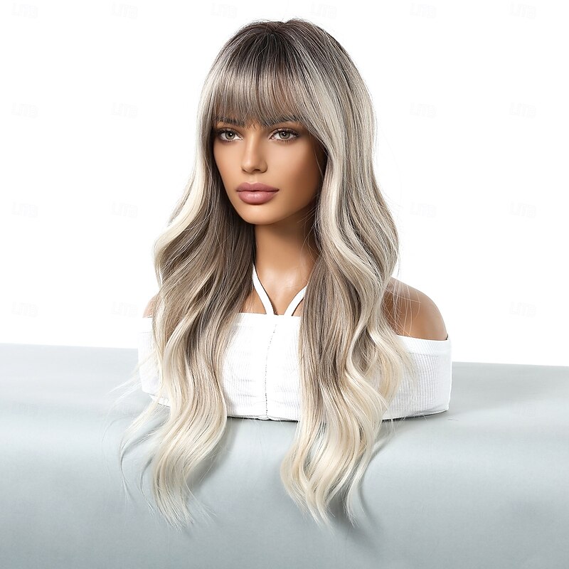 Synthetic Wig Uniforms Career Costumes Princess Curly Wavy Middle Part Layered Haircut With Bangs Machine Made Wig 24 inch Light Brown Synthetic Hair Women's Cosplay Party Fashion Brown4