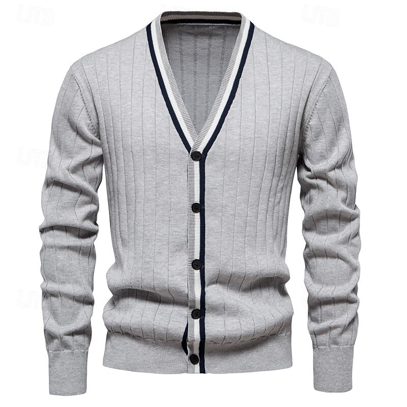 Men's Cardigan Ribbed Knit Regular Color Block Ribbed Solid Color V Neck Knitwear Elegant Home Work Clothing Apparel Bishop Sleeve Spring Fall Navy Blue khaki S M L4