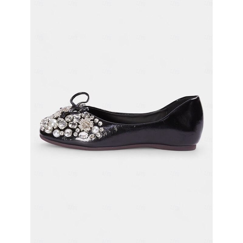 Women's Black Rhinestone and Pearl Embellished Ballet Flats with Bow Detail – Elegant Slip-On Shoes for Weddings and Special Occasions4