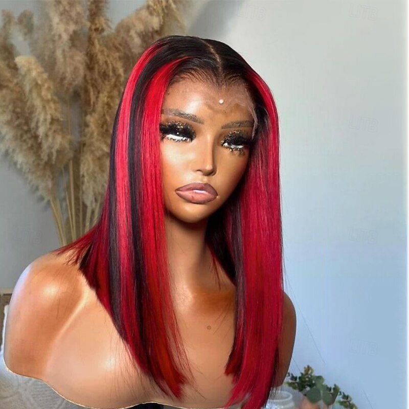 Remy Human Hair 13x4 Lace Front Wig Short Bob Brazilian Hair Silky Straight Red Wig 130% 150% Density with Baby Hair Highlighted / Balayage Hair 100% Virgin Glueless For Women Short Human Hair Lace4