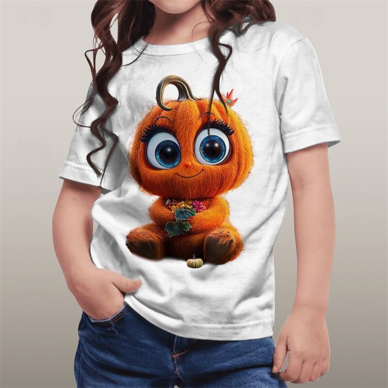 Halloween Girls' 3D Graphic Cartoon Pumpkin T shirt Tee Short Sleeve Summer Spring Fashion Basic Polyester Kids 4-12 Years Crew Neck Outdoor Casual Daily Regular Fit3