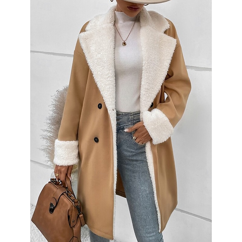 Women's Winter Coat Teddy Coat Windproof Warm Buttons Fur Collar Elegant Outdoor Solid Color Work Casual Double Breasted Turndown Loose Fit Long Sleeve Outerwear Khaki Fall Winter
