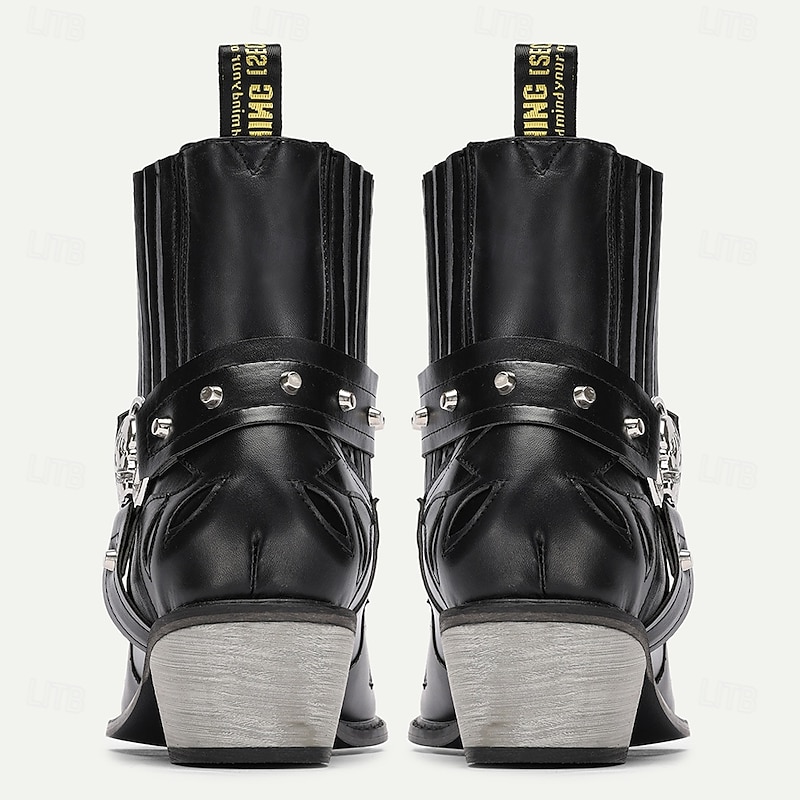 Men's Black Faux Leather Motorcycle Boots with Flame Embroidery and Metal Buckle – Western Style Ankle Boots for Biker Fashion and Casual Wear4