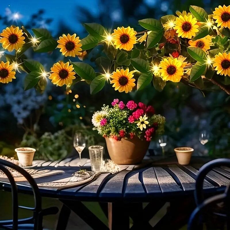 Christmas Decor Sunflower Vine Garland Lights Wedding Party Holiday Fairy String Lights Solar Outdoor Waterproof Rattan Leaf String Lights 2.5m 30LEDs Christmas Patio Balcony Yard Party Decoration3