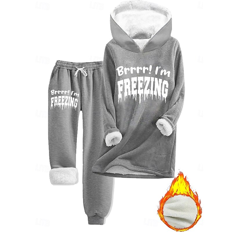 Women's 2 Pieces Hoodie Tracksuits Fleece Lined Two Piece Set and Pant Letter Warm Comfort Soft Home Daily Bed Fleece Warm Breathable Crew Neck Long Sleeve Pullover Pant Elastic Waist