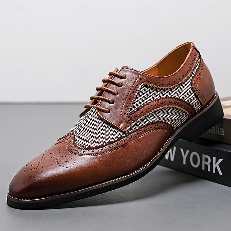 Men's Brown Faux Leather Oxford Shoes with Houndstooth Pattern and Brogue Detailing – Classic Formal Dress Shoes for Business and Weddings - Main Image
