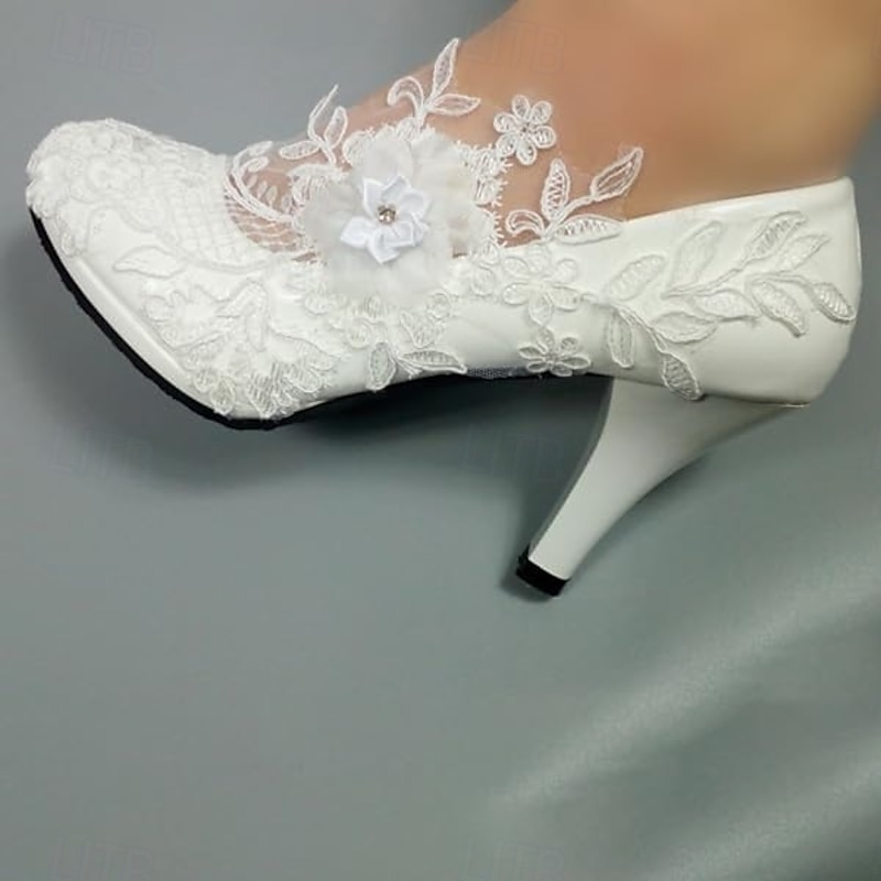Women's White Lace Wedding Heels – Elegant Floral Bridal Shoes with High Heel & Embellished Flower for Brides & Formal Events3