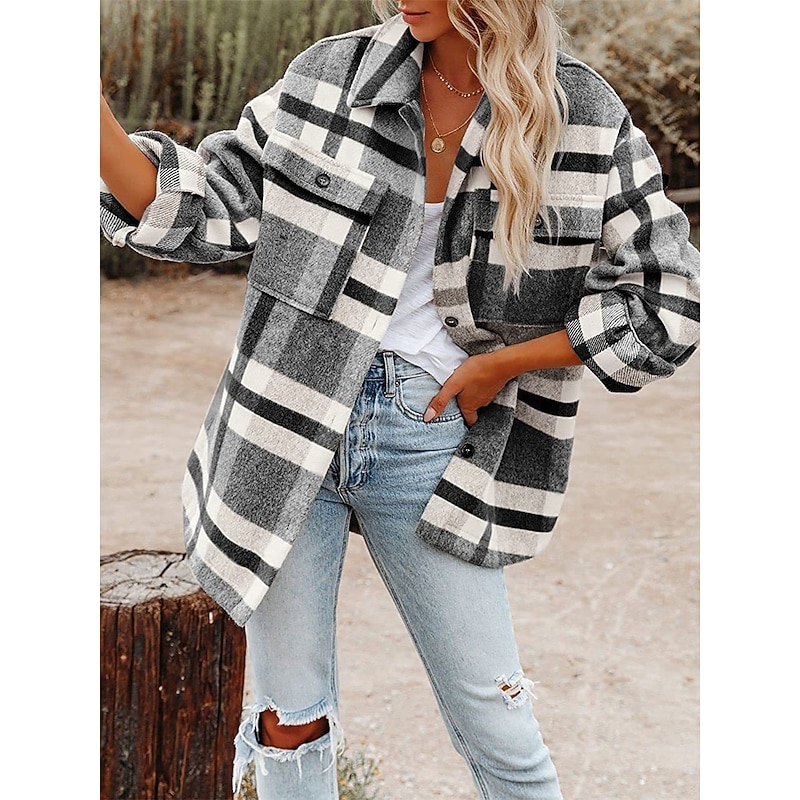 Women's Shirt Jacket Shacket Warm Breathable Buttons Pocket Print Casual Plaid Vacation Street Daily Wear Going out Single Breasted Regular Turndown Regular Fit Long Sleeve Outerwear Black Khaki4