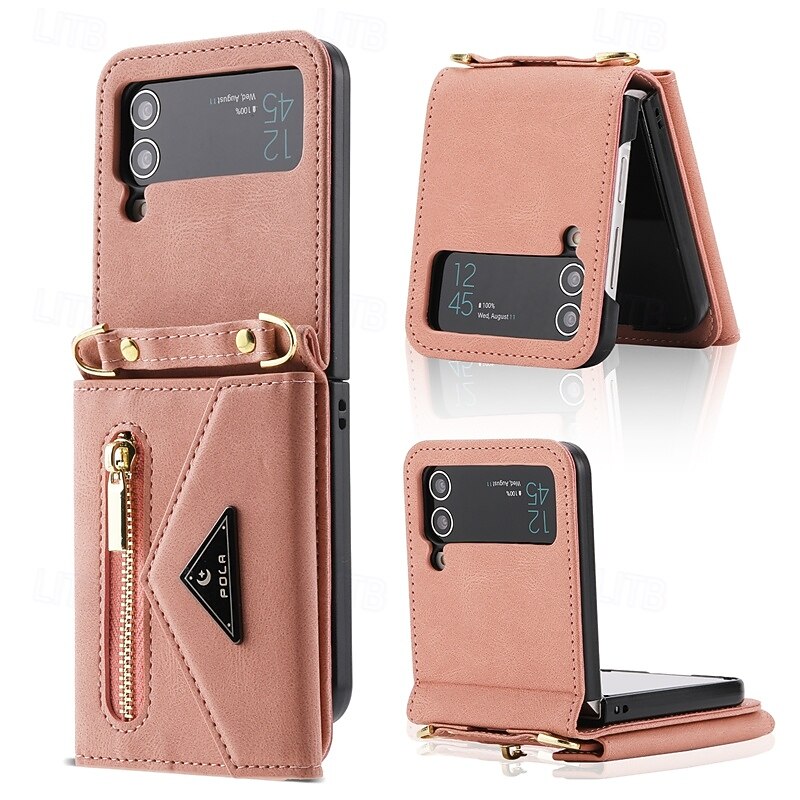 Phone Case For Z Flip 6 Z Flip 5 Z Flip 4 Z Flip 3 Back Cover with Stand Holder Zipper with Lanyard Retro TPU PU Leather4
