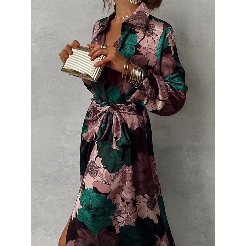 Women's Floral Print Lapel Maxi Dress Long Sleeve Spring Fall2