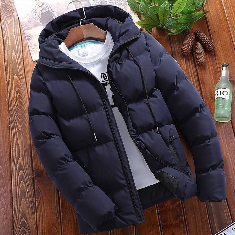 Men's Winter Coat Puffer Jacket Padded Jacket Pocket Cotton Vacation Daily Wear Date Regular Fashion Casual Comfortable Thermal Warm Winter Solid / Plain Color Dark Grey Wine Black Navy Blue Puffer
