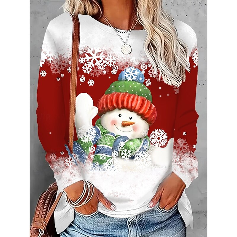 Women's T shirt Crew Neck Long Sleeve Tunic Holiday Sweatshirt Snowman Print Color Block Red White Winter Party Casual Pullover Festive Clothing Apparel