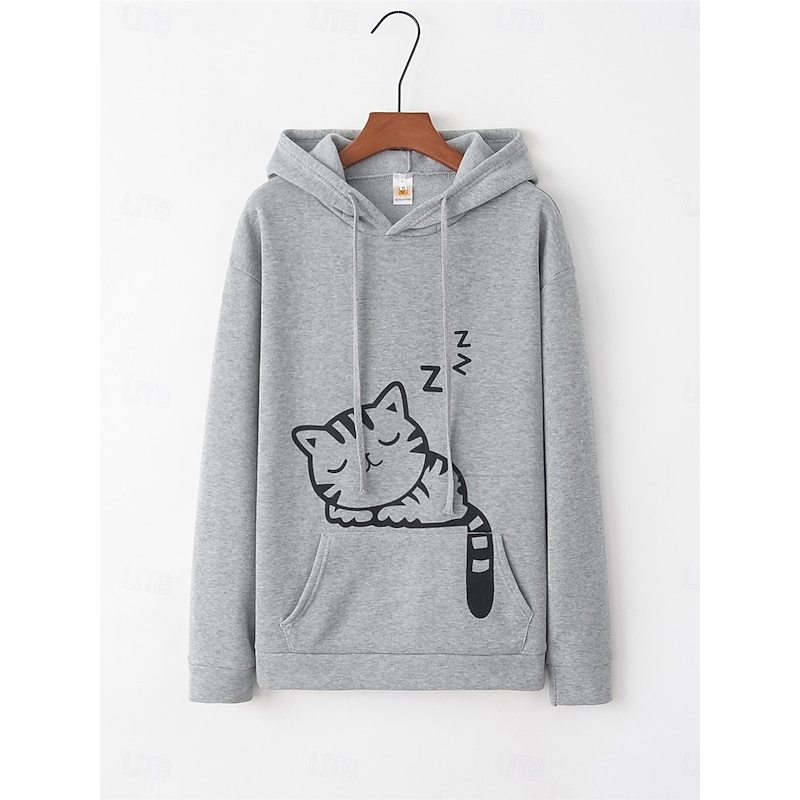 Women's Hoodie Sweatshirt Casual Cat Street Dailywear Hoodie Pocket Print Long Sleeve Black Pink Wine Gray Fall Winter2