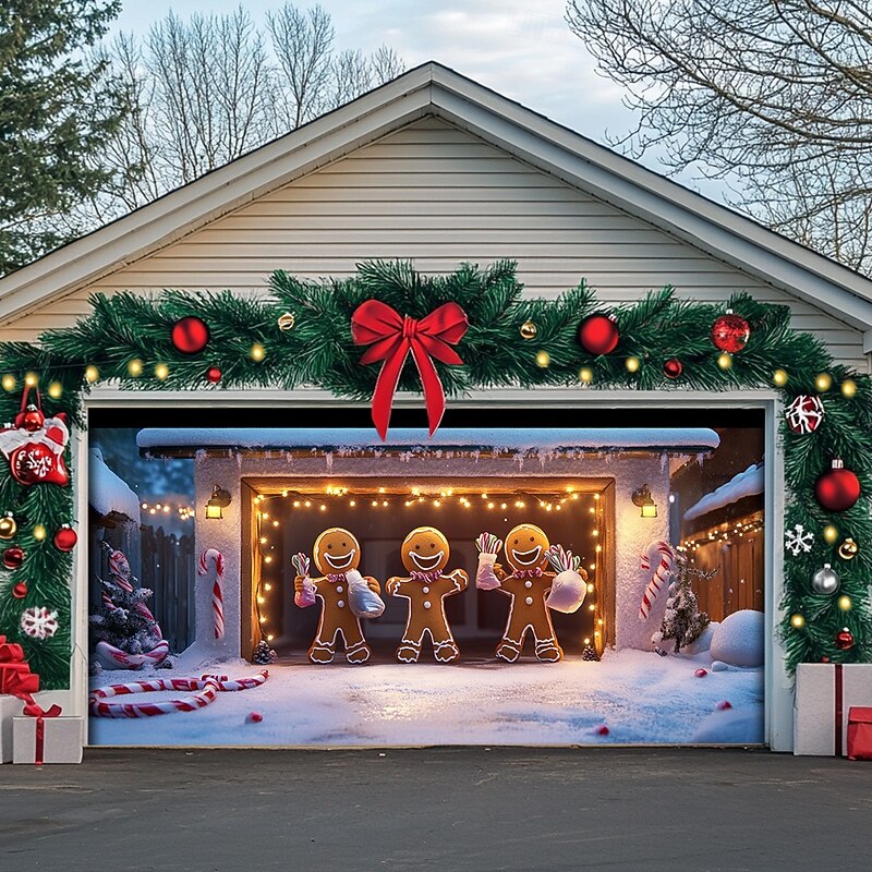 Christmas Door Decorations Outdoor Garage Door Cover Xmas Banner Gingerbread Man Large Christmas Backdrop for Holiday Outdoor Garage Door Home Wall Decorations