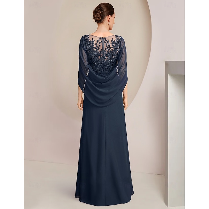 Sheath Dress Mother of the Bride Dress Elegant Jewel Neck Floor Length Chiffon Half Sleeve with Lace Side-Draped Solid Color3