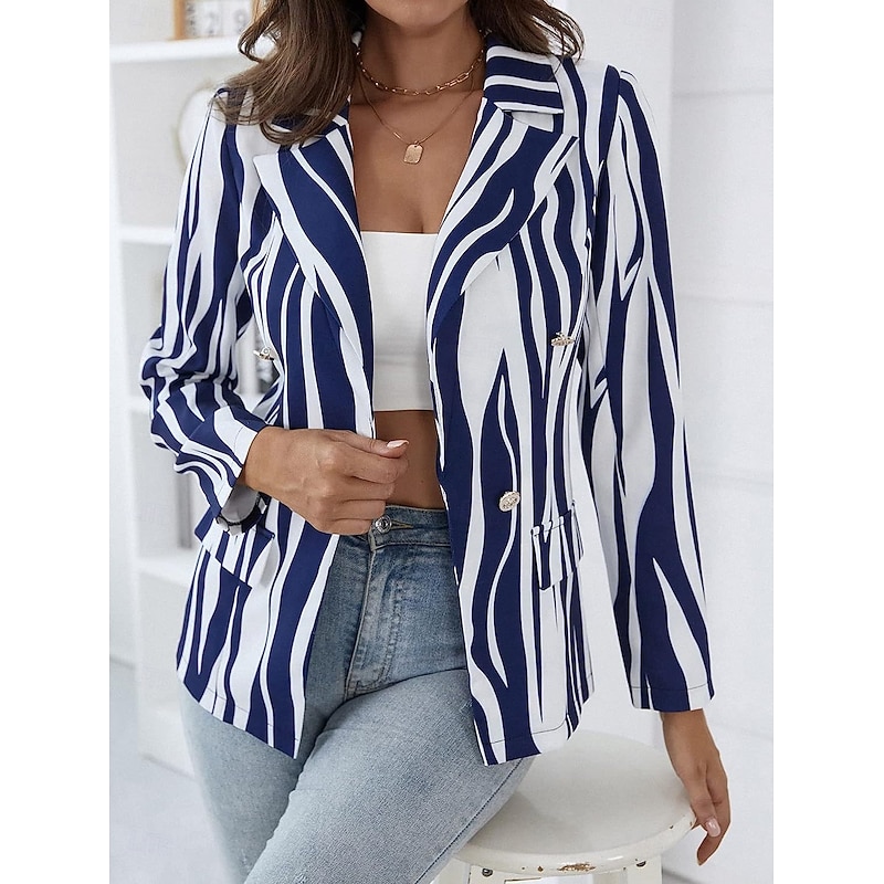 Women's Blazer Casual Work Stripe Stylish Regular Fit Outerwear Long Sleeve Spring Blue