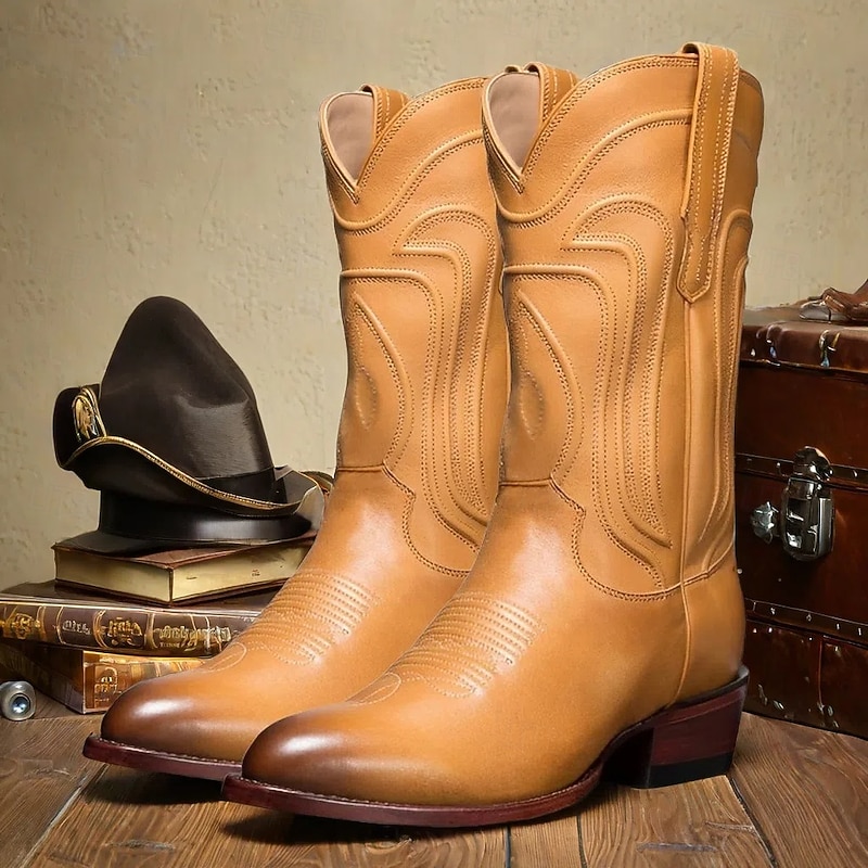 Men's Brown Faux Leather Western Cowboy Boots with Classic Embroidery - Durable and Stylish Rodeo Boots for Country and Outdoor Wear