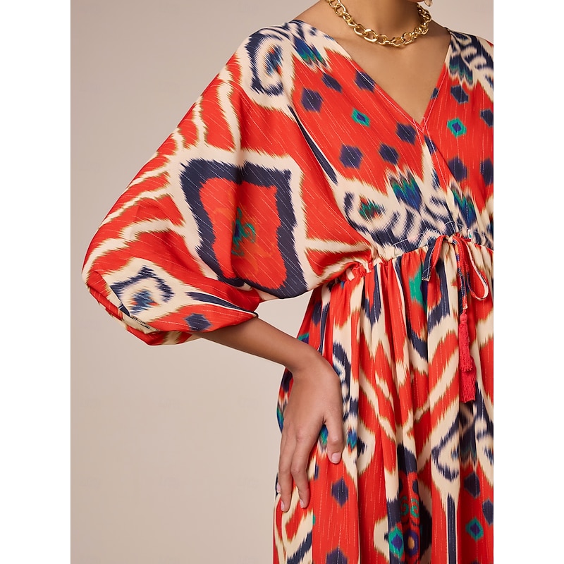Loose Folk Drawstring Printing Vacation Maxi Dress3