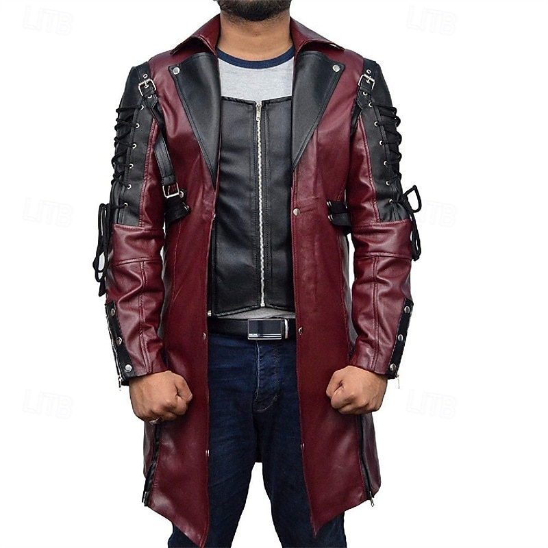 Men's Faux Leather Jacket Biker Jacket Red Leather Jacket Motorcycle Jacket Daily Vacation Windproof Warm Lace up Pocket Fall & Winter Plain Fashion Classic Lapel Long Faux Leather Black Wine Jacket