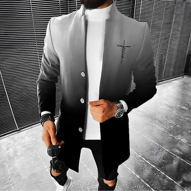 Men's Graphic Prints Cross Gradual Winter Coat Overcoat Coat Warm Comfortable Breathable Fashion Streetwear Business Work Wear to work Going out Pocket Print Fall & Winter Turndown Long Sleeve Red