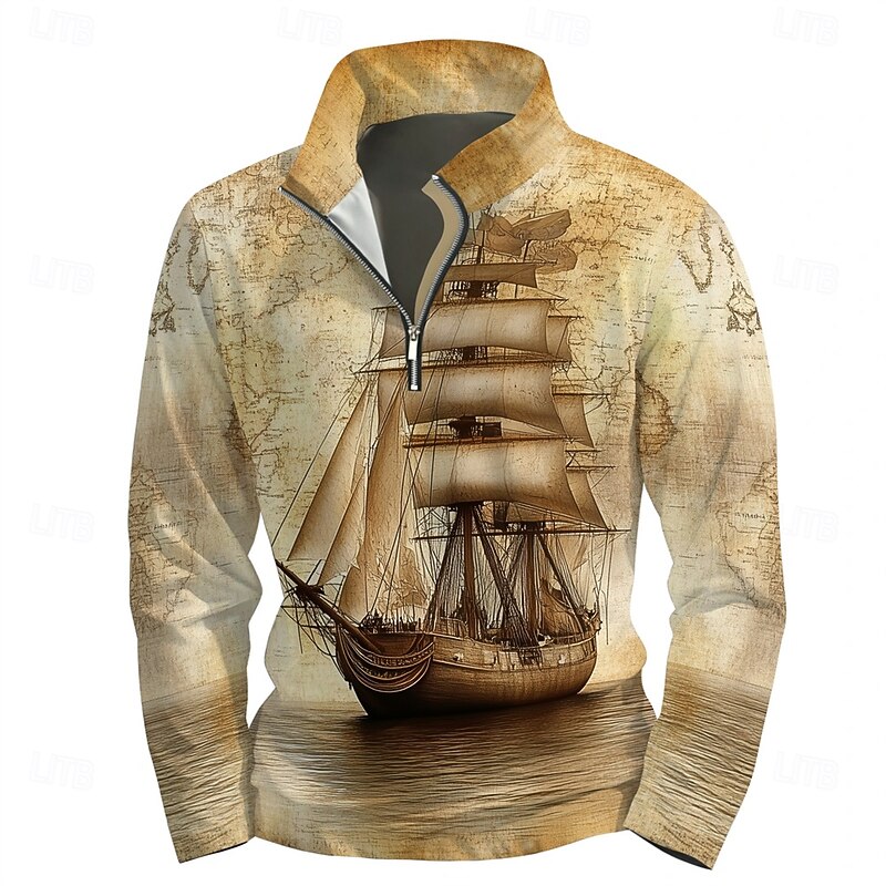 Men's Graphic Boat Hoodies Daily Casual Long Sleeve Stand Collar Vacation Going out Streetwear Light Brown Print Spring &  Fall Designer2