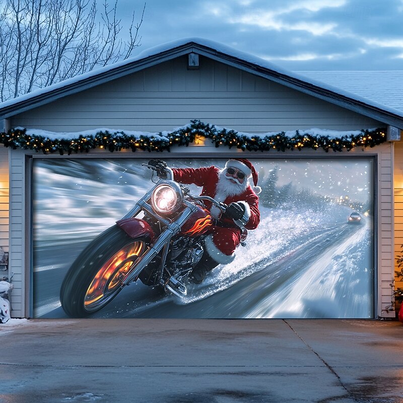 Christmas Outdoor Garage Door Cover Xmas Banner Santa Claus Motorcycle Large Christmas Backdrop Decoration for Holiday Outdoor Garage Door Home Wall Decorations3