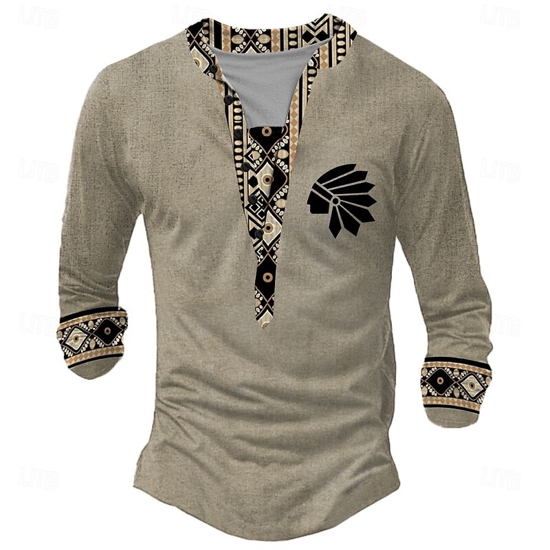 Men's Indian Henley Shirt Long Sleeve 3D Printing Retro Vintage Ethnic Street Casual Holiday Winter Spring &  Fall Yellow Gray Henley Henley T-Shirt4