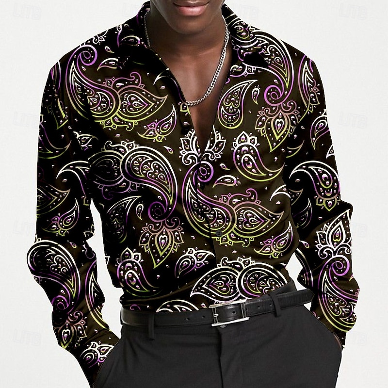 Men's Satin Shirt Dress Shirt Button Up Shirt Paisley Vacation Party Evening Wear Violet Yellow Long Sleeve Collared Shirts Summer Spring Clothing Apparel Button Up4