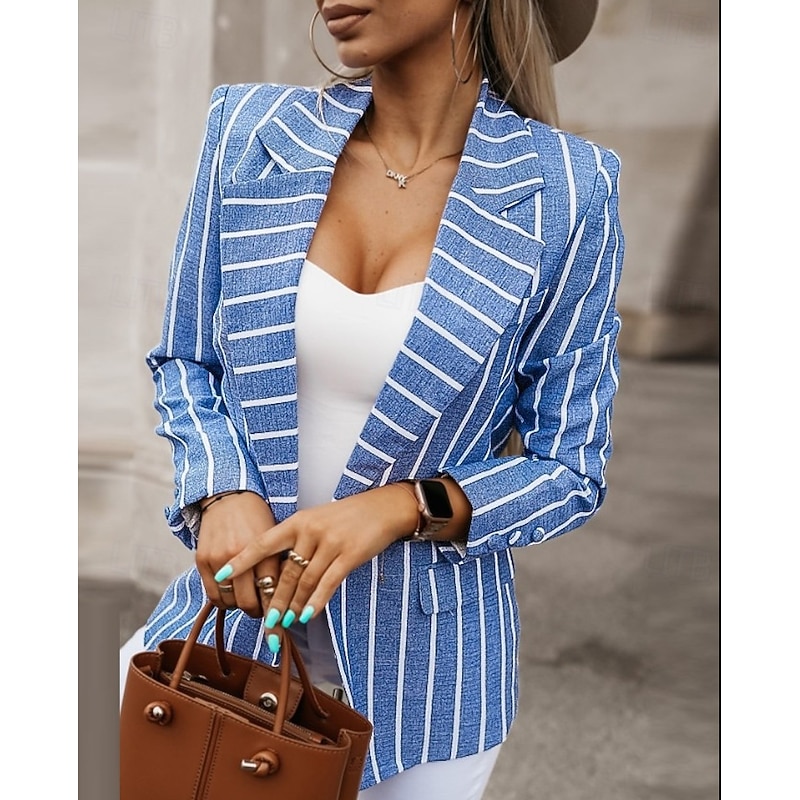 Women's Blazer Stripe Work Pocket Lines / Waves Stylish Regular Fit Outerwear Long Sleeve Spring Blue S