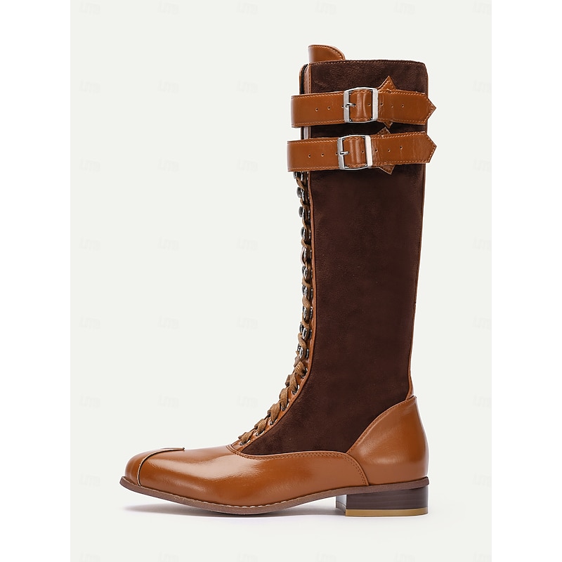 Women's Burgundy Faux Suede and Black Faux Leather Knee-High Lace-Up Boots – Vintage-Inspired Design with Double Buckle Straps, Perfect for Casual and Formal Wear4