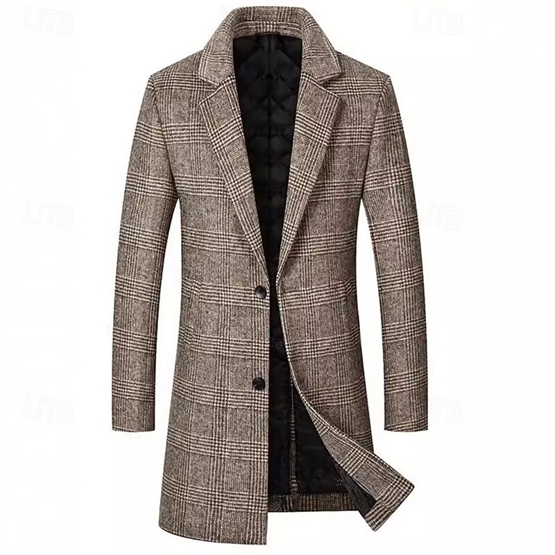 Men's Trench Coat Long Trench Coat Daily Vacation Fall & Winter Polyester Thermal Warm Outerwear Clothing Apparel Fashion Classic Plaid Pocket Lapel Single Breasted