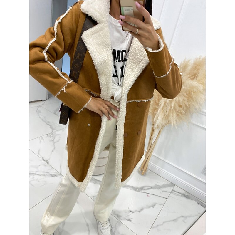 Women's Winter Coat Windproof Warm Patchwork Buttons Elegant Outdoor Solid Color Work Casual Double Breasted Turndown Loose Fit Long Sleeve Outerwear Black Brown Fall Winter3