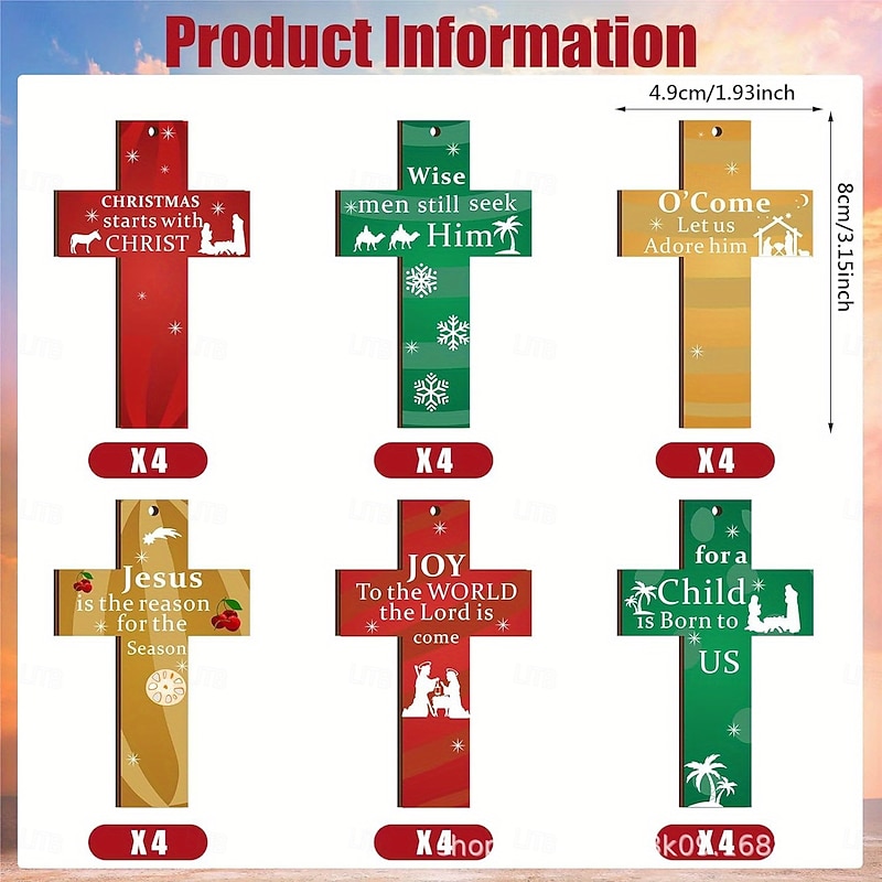24/48pcs/set Wooden Christmas Ornaments, Hanging Wooden Cross Decorations, Xmas Tree, Fireplace, Window Pendants, Christmas Party Supplies, Holiday Gift Set Decor2