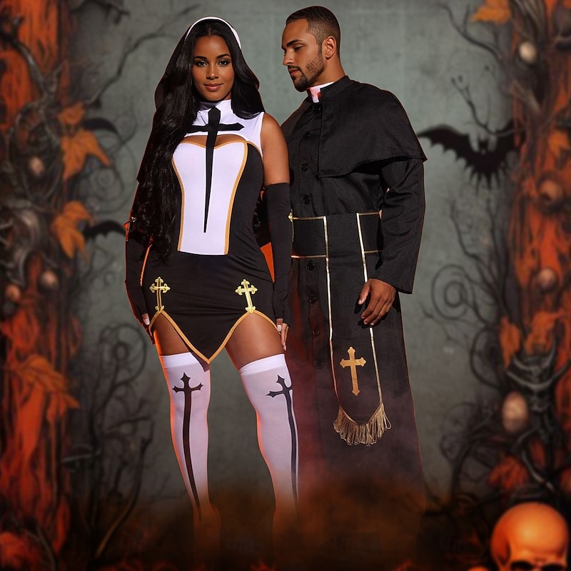 Nun Priest Halloween Cosplay Costume Couples' Costumes Couples Cosplay Clubwear Sexy Costume Adults' Men's Women's Carnival Masquerade Easy Halloween Costumes Dress Up
