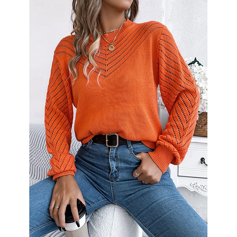 Women's Sweater Elegant Daily Plaid Pure Color Crew Neck Hollow Out Long Sleeve Regular Tops Knit Work White Orange Fall Winter3