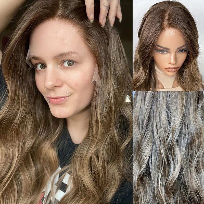 Remy Human Hair 13x4 Lace Front Wig Middle Part Peruvian Hair Wavy Multi-color Wig 130% 150% Density Ombre Hair Highlighted / Balayage Hair Natural Hairline Glueless Pre-Plucked For Women Long Human3