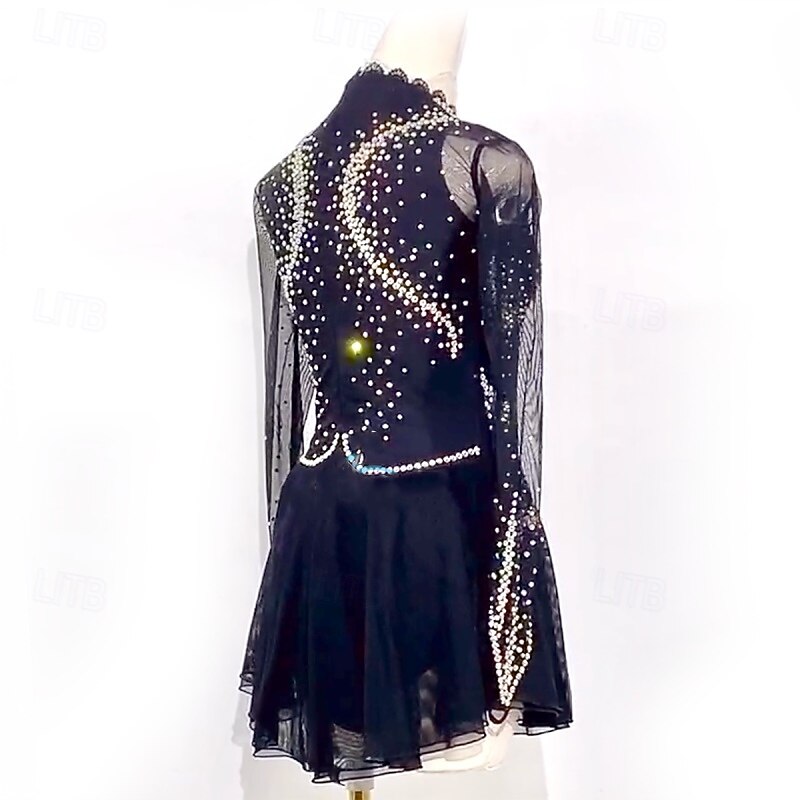 Figure Skating Dress Women's Girls' Ice Skating Dress Black Patchwork Mesh High Elasticity Training Competition Skating Wear Classic Crystal / Rhinestone Long Sleeve Ice Skating Figure Skating4